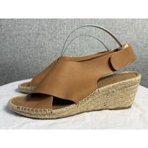 Maypol Brown Tan Leather Wedge Espadrille Criss Cross Sandals Size 40 US 9.5